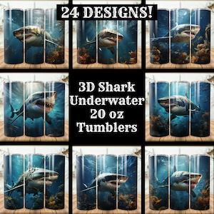 3D Hai Unterwasser Tumbler Wrap Bundle 24 Pack 20 oz Skinny Tumbler Sublimation Designs Gerader konischer Becher PNG, Instant Download