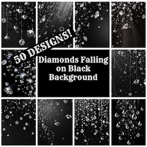 Op de afbeelding: 50 ontwerpen van diamanten die op een zwarte achtergrond vallen. De tekst "Diamonds Falling on Black Background" staat in het midden van de afbeelding.