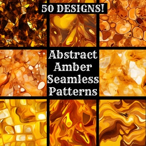 Puede incluir: 50 patrones abstractos de ámbar sin costuras. Los patrones son en tonos de naranja, amarillo y marrón. Los patrones son todos diferentes, pero todos tienen un estilo abstracto y fluido similar.