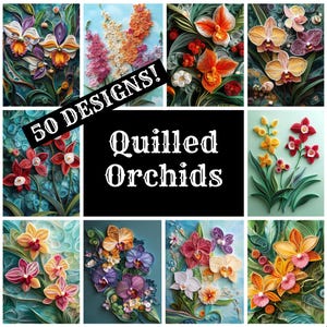 Może przedstawiać: Kolaż 50 różnych wzorów quillingowych orchidei. Orchidee są wykonane z papieru i występują w różnych kolorach, w tym różowym, fioletowym, żółtym, pomarańczowym i białym. Tekst "50 wzorów! Orchidee quillingowe" jest napisany białymi literami na czarnym tle.