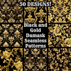 Black and Gold Damask Seamless Digital Paper, Printable Scrapbook Paper Seamless Textures, Instant Download, Commercial Use Damask Pattern
