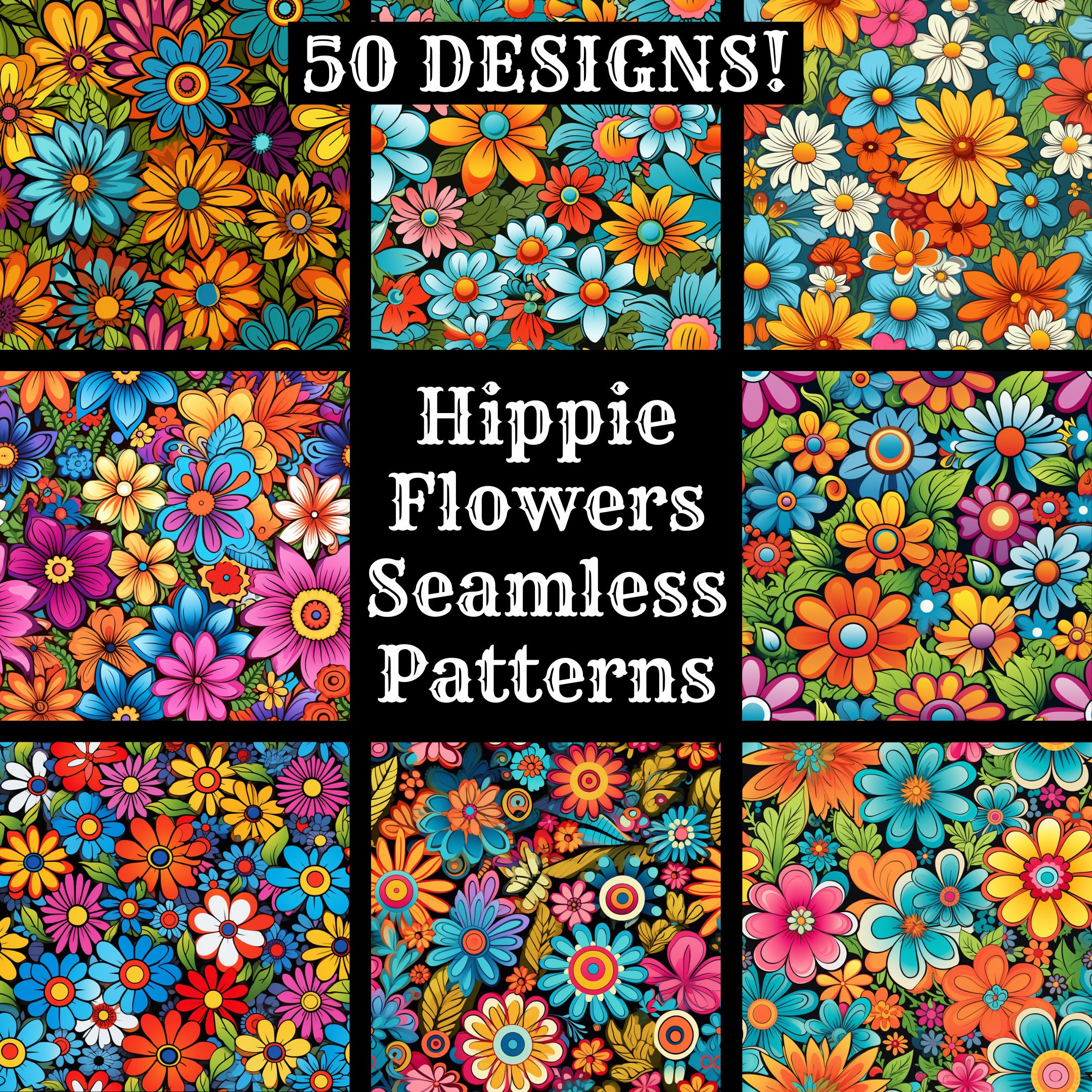 Hippie Flowers Seamless Digital Paper, Printable Scrapbook Paper ...