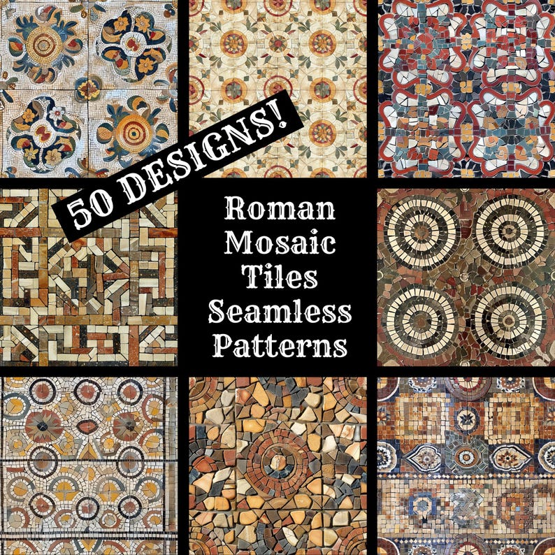 Roman Mosaic Tile Seamless Patterns: 50 PNG Digital Papers (digital ...