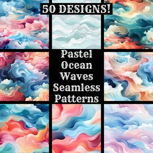 May include: 50 seamless patterns featuring pastel ocean waves in various shades of blue, pink, and white. The patterns are abstract and resemble swirling clouds.