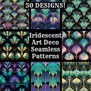 May include: A set of 50 iridescent Art Deco seamless patterns in teal, purple, gold, and black. The patterns feature geometric shapes and stylised floral motifs.
