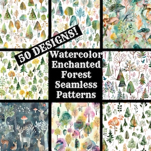 May include: A collection of 50 watercolor enchanted forest seamless patterns. The patterns feature various trees, mushrooms, and other woodland elements in a whimsical style.