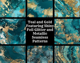 Teal and Gold Foil Glitter Seamless Patterns: 50 PNG Digital Papers (Digital Download)