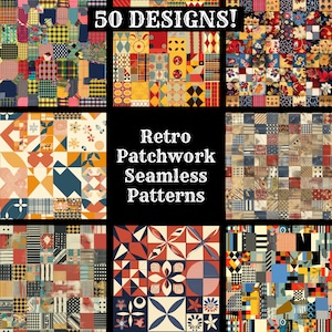 Papel digital sin costuras de patchwork retro, textura sin costuras de papel de álbum de recortes imprimible de patchwork retro, descarga instantánea digital retro patchwork