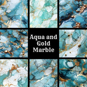 May include: Aqua and gold marble abstract art with a swirling pattern. The background is a dark blue colour with gold accents. The text "Aqua and Gold Marble" is in the centre of the image.