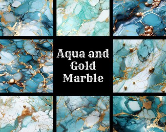 May include: Aqua and gold marble abstract art with a swirling pattern. The background is a dark blue color with gold accents. The text "Aqua and Gold Marble" is in the center of the image.