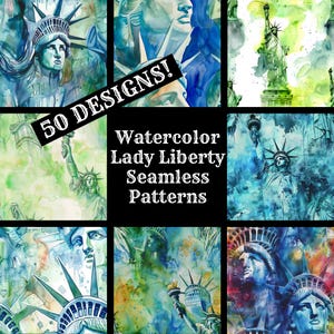 Papel digital sem costura Lady Liberty aquarela, papel para scrapbook para impressão, texturas sem costura, download instantâneo digital