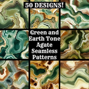 May include: 50 seamless patterns featuring green and earth tone agate. The patterns are abstract and resemble swirls of green, brown, and white.