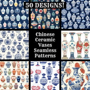 May include: 50 designs of Chinese ceramic vase seamless patterns. The patterns feature blue and white vases with floral designs on a white background, red and white vases with floral designs on a white background, and blue and white vases with floral designs on a blue background.