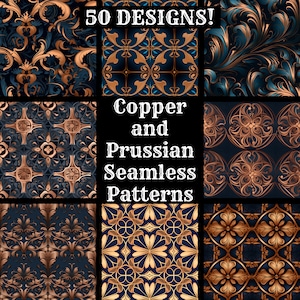 Copper & Prussian Seamless Pattern: Digital Paper (PNG)