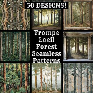 Papel digital sem costura da floresta Trompe Loeil, texturas sem costura de papel para scrapbook para impressão, download instantâneo digital Trompe Loeil Forest Wrap