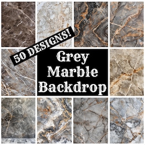 Op de afbeelding: Een collage van negen grijze marmeren achtergrondontwerpen. De afbeelding toont een verscheidenheid aan patronen en kleuren, waaronder donkergrijs, lichtgrijs en bruin. De tekst "50 DESIGNS!" en "Grey Marble Backdrop" zijn ook zichtbaar.
