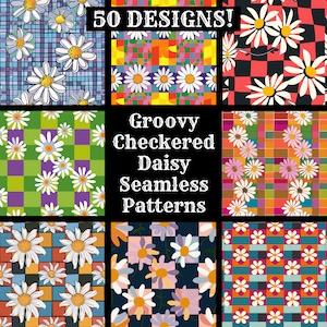 May include: A set of 9 seamless patterns featuring daisies in a checkered design. The patterns are in various colors, including red, blue, green, yellow, and black. The text "Groovy Checkered Daisy Seamless Patterns" is displayed in the center of the image.