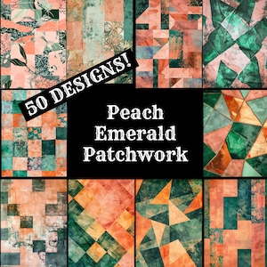 May include: A digital collage of 50 peach and emerald patchwork designs. The designs are geometric and abstract, with a variety of shapes and patterns. The text "50 DESIGNS!" is in a white box on a black background. The text "Peach Emerald Patchwork" is in a white box on a black background.