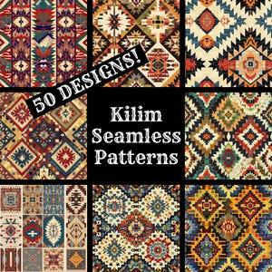 May include: A set of 9 colorful kilim patterns with geometric designs. The patterns are seamless and can be used for a variety of projects, such as fabric, wallpaper, and home decor.