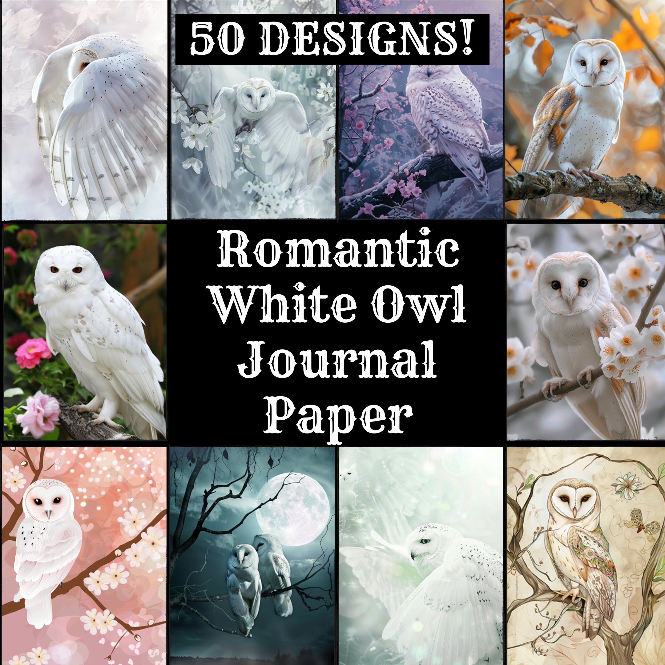 Romantic White Owl Journal Paper: Vintage Scrapbook (Digital Download)