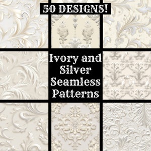 May include: A set of 50 ivory and silver seamless patterns featuring intricate floral designs. The patterns are perfect for adding a touch of elegance to any project.