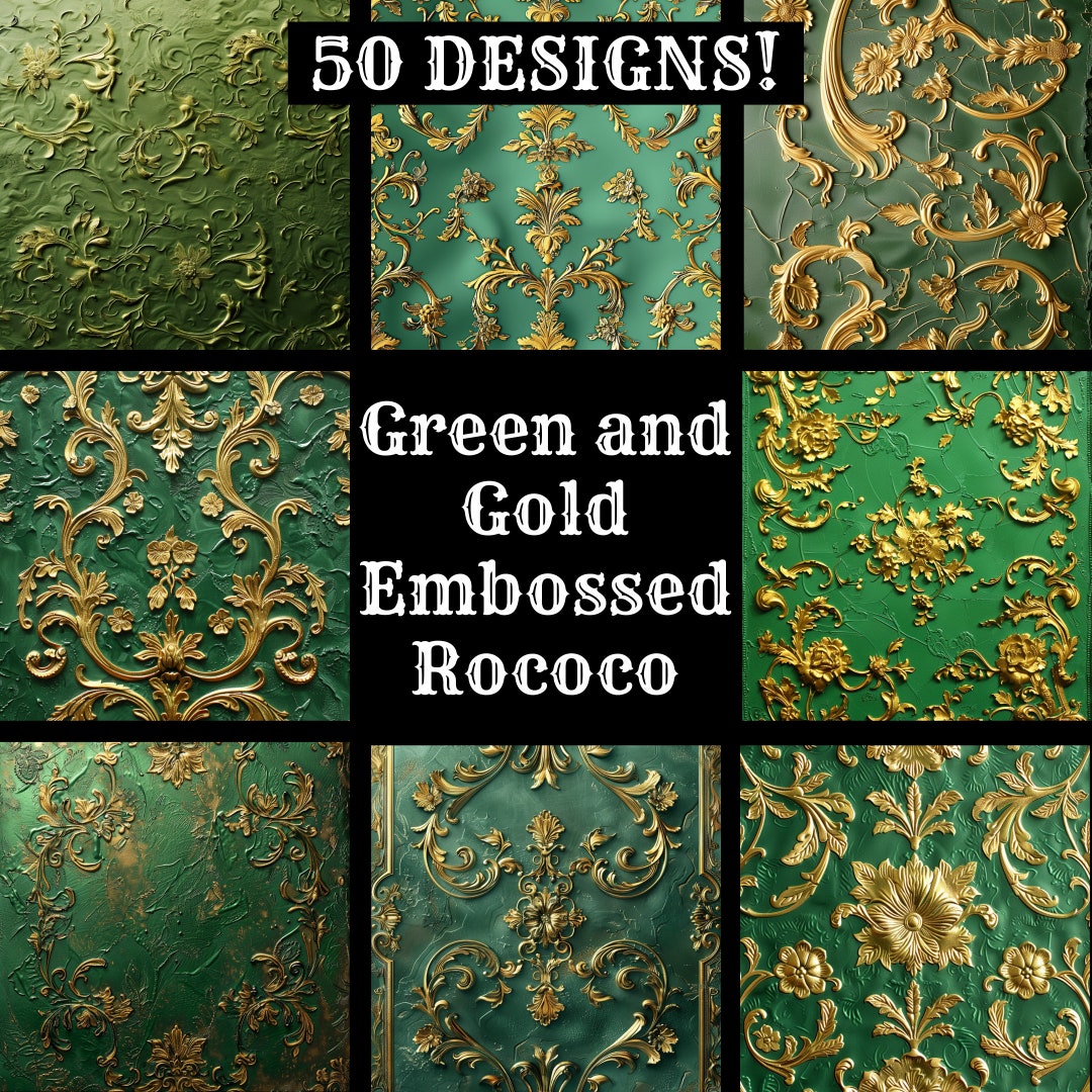 Light Green Rococo Pattern Green and Gold Rococo Embossed Paper: 50 PNG Designs (digital Download ...