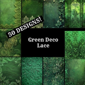 May include: A digital collage of 50 green lace designs. The designs feature intricate patterns and textures, with a variety of floral and geometric motifs. The text "50 DESIGNS!" and "Green Deco Lace" is displayed on the image.
