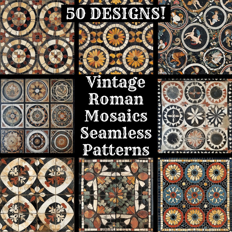 Vintage Roman Mosaic Seamless Patterns: 50 PNG Digital Papers (digital ...