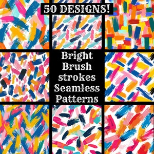 May include: 50 colorful seamless patterns featuring bright brush strokes in various colors, including yellow, blue, pink, red, and orange. The patterns are perfect for creating backgrounds, textiles, and other creative projects.