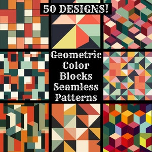 Può includere: Un set di 50 motivi geometrici senza cuciture a blocchi di colore. I motivi sono composti da quadrati, triangoli e cubi in vari colori, tra cui rosso, arancione, giallo, verde, blu e viola.