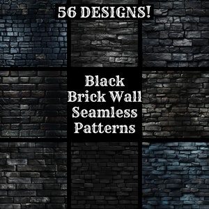 Peut inclure: Une collection de 56 motifs de mur en briques noires sans soudure. Les motifs présentent différentes tailles et dispositions de briques, créant une variété de textures et de styles.