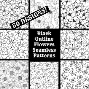 Schwarzer Umriss Blumen nahtlose digitales Papier, druckbare Scrapbook Papier nahtlose Texturen, digitale Sofort Download