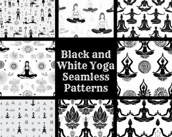 Black and White Yoga Seamless Patterns: 50 PNG Designs (Digital Download)