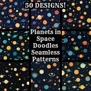 Planets in Space Doodles Seamless Digital Paper, Printable Scrapbook Paper Seamless Textures Instant Download Commercial Use Planets Pattern
