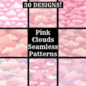May include: A set of 50 seamless patterns featuring pink clouds in various styles. The text "Pink Clouds Seamless Patterns" is displayed in the center of the image.