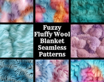 May include: A collage of nine different fuzzy, fluffy wool blanket seamless patterns in various colors, including pink, blue, teal, and purple. The text "Fuzzy Fluffy Wool Blanket Seamless Patterns" is in the center of the collage.