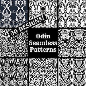 May include: A set of nine black and white seamless patterns featuring intricate designs inspired by Norse mythology. The patterns include geometric shapes, swirls, and the image of Odin, the Norse god of wisdom, poetry, death, and magic. The text "50 Designs!" and "Odin Seamless Patterns" is included in the image.