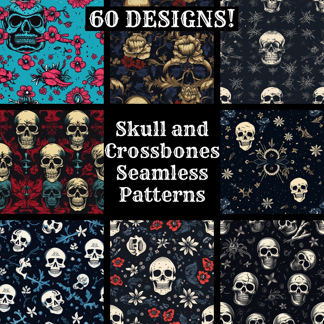 Skull & Crossbones Seamless Pattern: 60 PNG Digital Papers (commercial ...