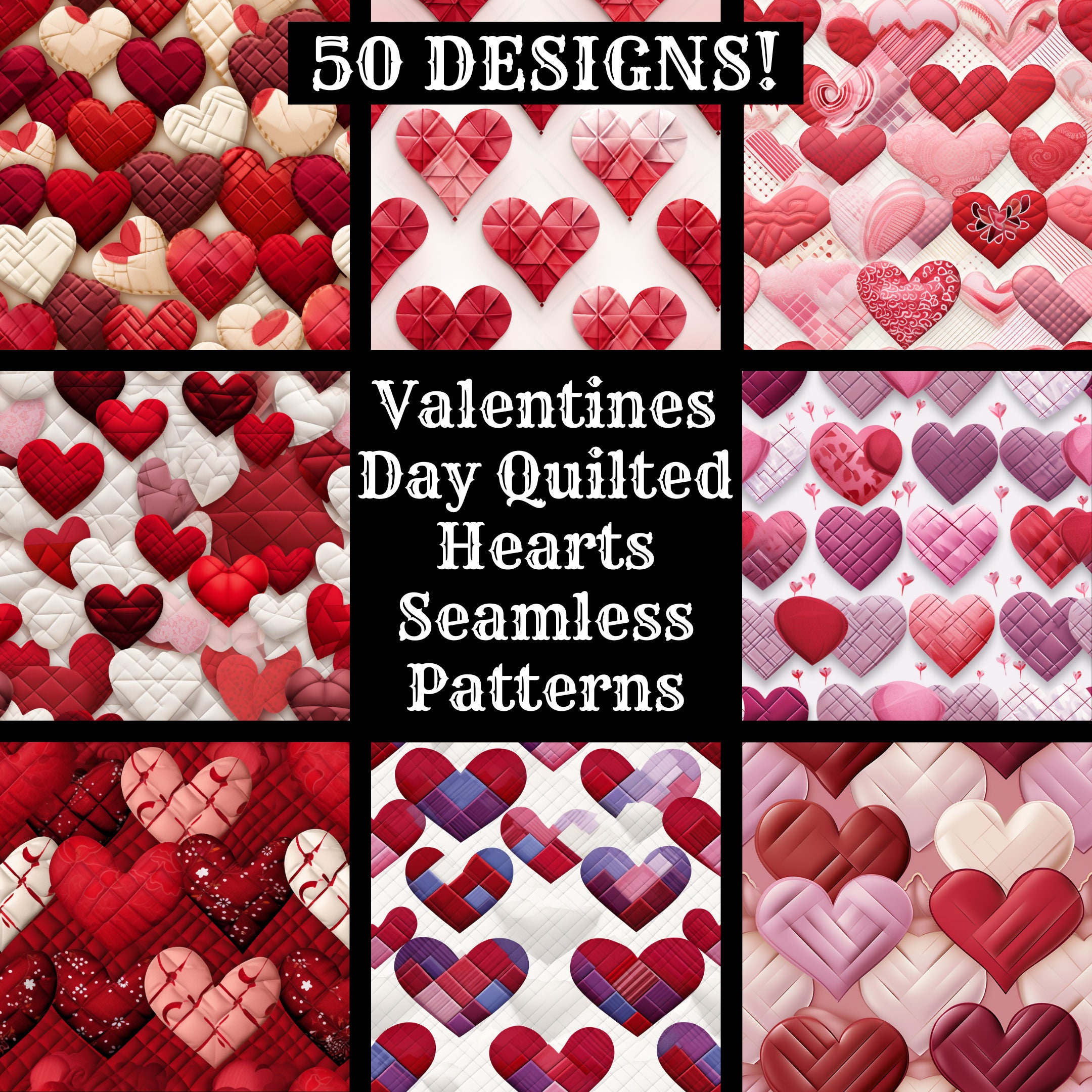 Valentines Day Quilted Hearts Seamless Digital Paper, Printable ...