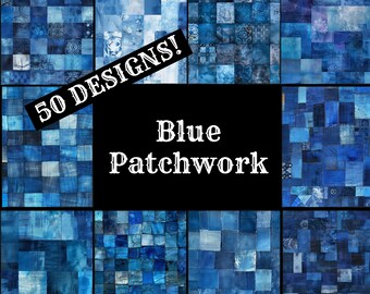 Blue Patchwork Digital Paper: 50 PNG Scrapbook Journal Inserts (Digital Download)