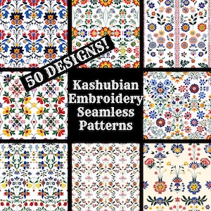 Op de afbeelding: Een verzameling van 50 naadloze Kashubische borduurpatronen met kleurrijke bloemmotieven. De patronen zijn perfect voor knutselen, scrapbooking en textielontwerp.