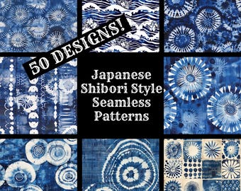 May include: A collection of 50 Japanese Shibori style seamless patterns. The patterns are in shades of blue and white and feature a variety of designs, including circles, waves, and flowers.