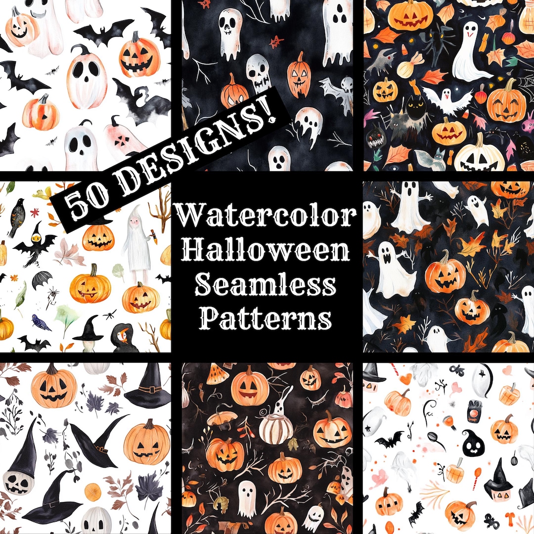 Watercolor Halloween Seamless Pattern: 50 PNG Digital Papers (digital ...