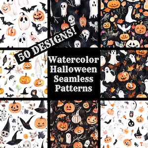 May include: 50 Watercolor Halloween Seamless Patterns. A collection of digital paper designs featuring ghosts, pumpkins, bats, and other Halloween elements. The patterns are perfect for creating festive crafts, decorations, and more.