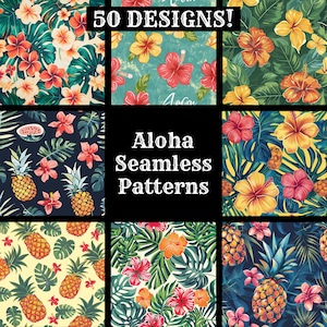 Pode incluir: Uma colagem de nove padrões sem costura coloridos com flores tropicais, abacaxis e folhas. O texto "Aloha Seamless Patterns" está no centro da imagem. O texto "50 Designs!" está na parte superior da imagem.