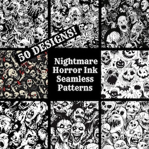May include: A collection of black and white horror-themed seamless patterns. The designs feature skulls, zombies, and other spooky imagery. The text "50 DESIGNS!" and "Nightmare Horror Ink Seamless Patterns" are also visible.