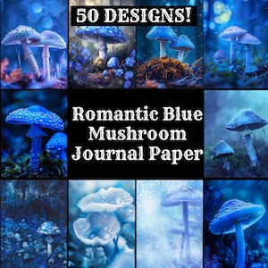 Papel de diário de cogumelo azul romântico, papel imprimível de cogumelo azul romântico, suprimentos de diário de cogumelo azul vintage, inserções de diário