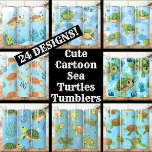 Ensemble de 24 gobelets tortues de mer dessin animé mignon Tortues de mer dessin animé 20 oz Gobelet mince dessin animé tortues de mer à sublimation Gobelet conique