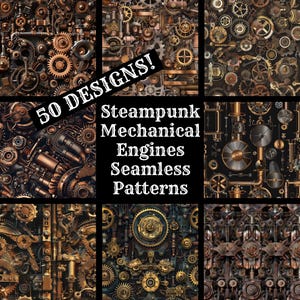 Puede incluir: Una colección de 50 patrones sin costuras de motores mecánicos steampunk. Los patrones presentan diseños intrincados de engranajes, tuberías y otros elementos industriales en tonos dorados, marrones y negros.