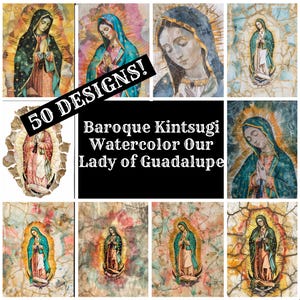 Pode incluir: Uma colagem de 50 designs de arte digital que apresentam Nossa Senhora de Guadalupe em uma variedade de estilos, incluindo barroco, Kintsugi e aquarela. Os designs são perfeitos para usar em artesanato, scrapbooking e outros projetos criativos.